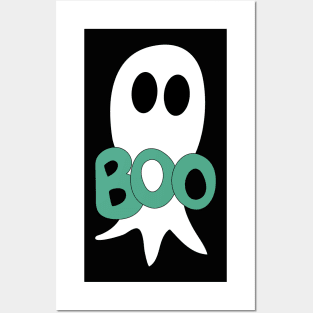 Cute Halloween ghost cartoon with BOO text Posters and Art